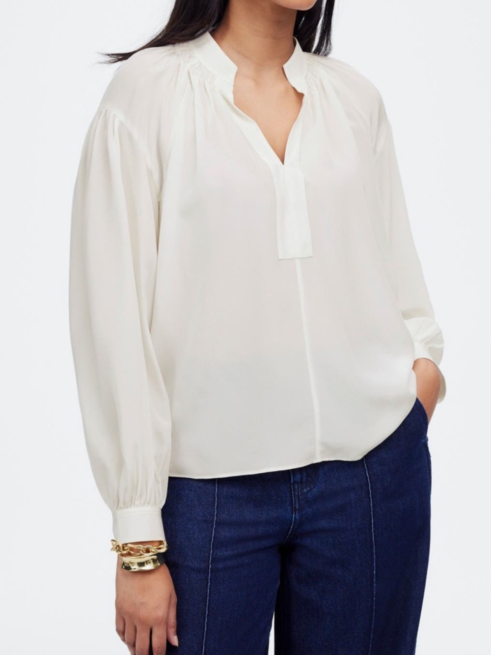🍒2/$90🍒 Madewell NWT Shirred Long-sleeve Split-Neck Blouse, 100% silk, ivory